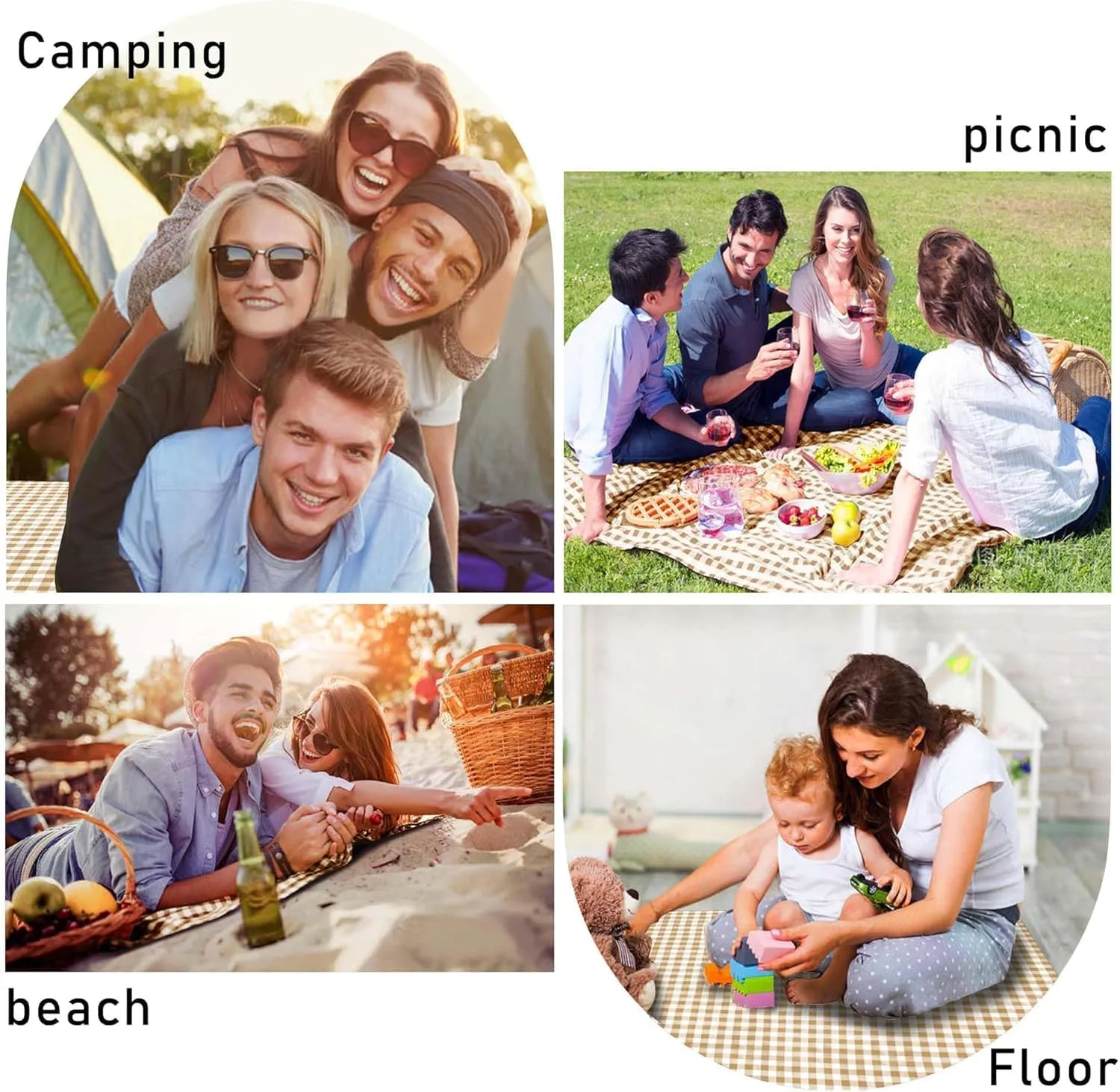 Outdoor Picnic Blankets Waterproof Foldable, Large Beach Blanket Sandproof, Gingham Picnic Mat Cute Washable Portable (Coffee, 80"×80")