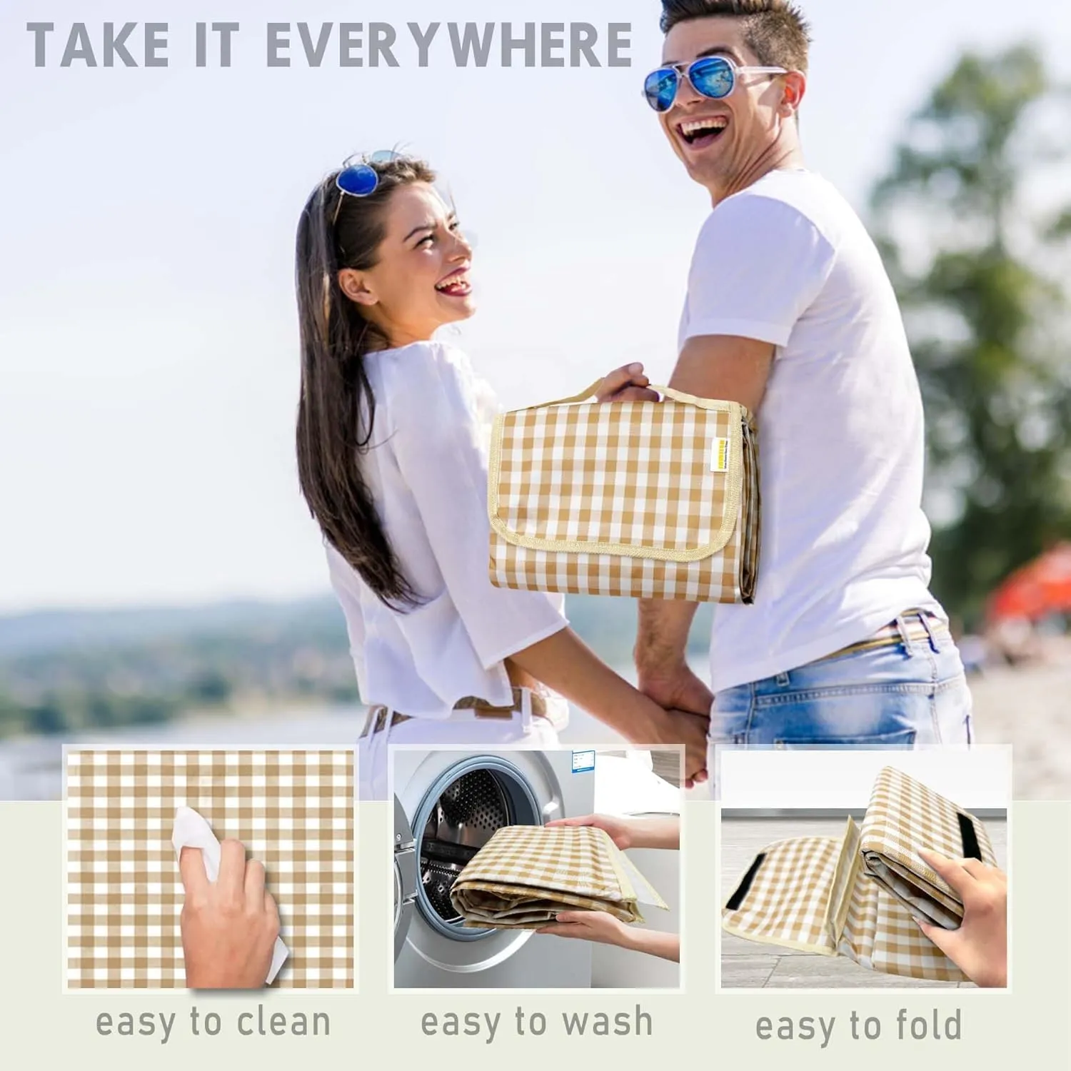 Outdoor Picnic Blankets Waterproof Foldable, Large Beach Blanket Sandproof, Gingham Picnic Mat Cute Washable Portable (Coffee, 80"×80")