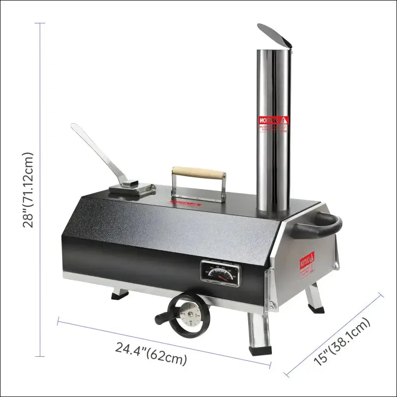 Outdoor pizza oven with manual rotating turntable and temperature gauge - black, stainless steel