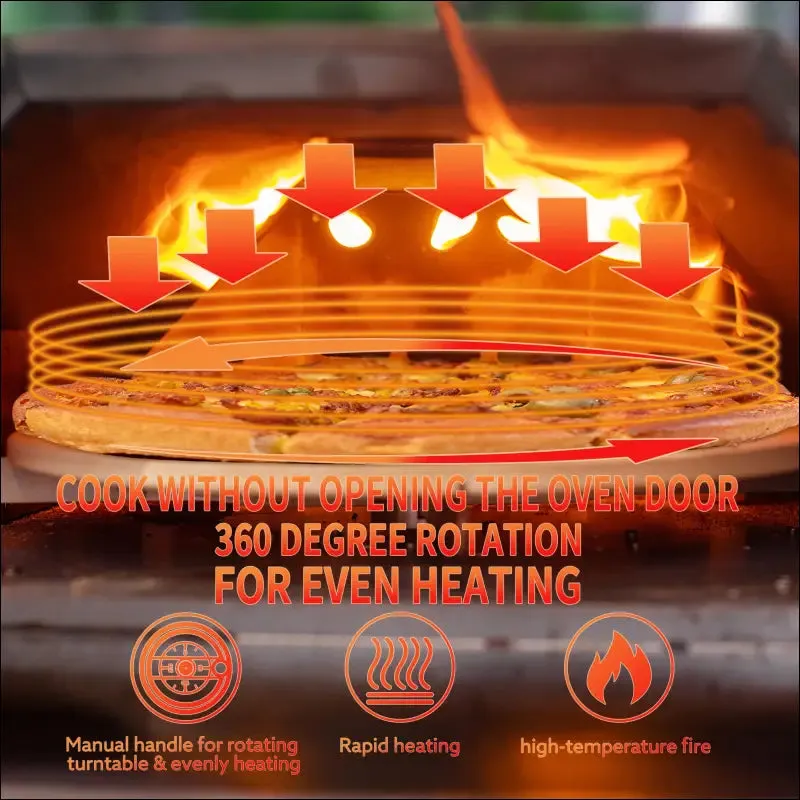 Outdoor pizza oven with manual rotating turntable and temperature gauge - black, stainless steel