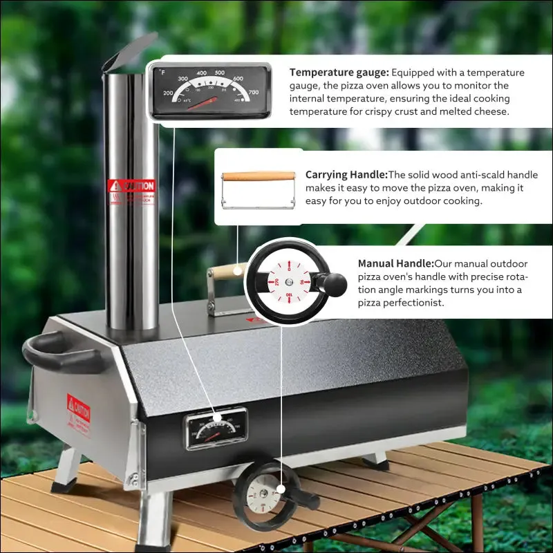Outdoor pizza oven with manual rotating turntable and temperature gauge - black, stainless steel