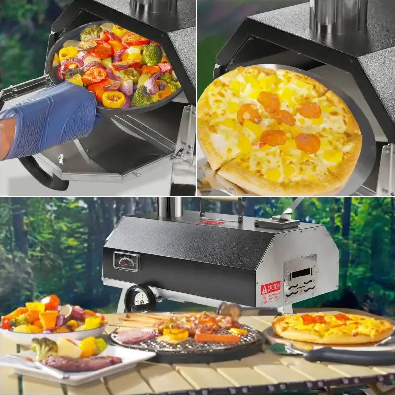 Outdoor pizza oven with manual rotating turntable and temperature gauge - black, stainless steel