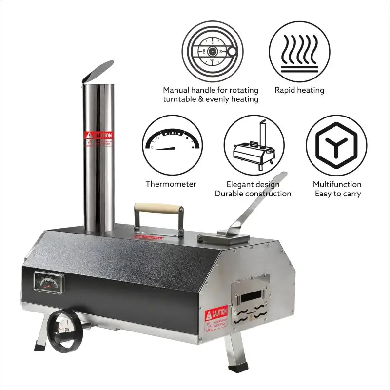 Outdoor pizza oven with manual rotating turntable and temperature gauge - black, stainless steel