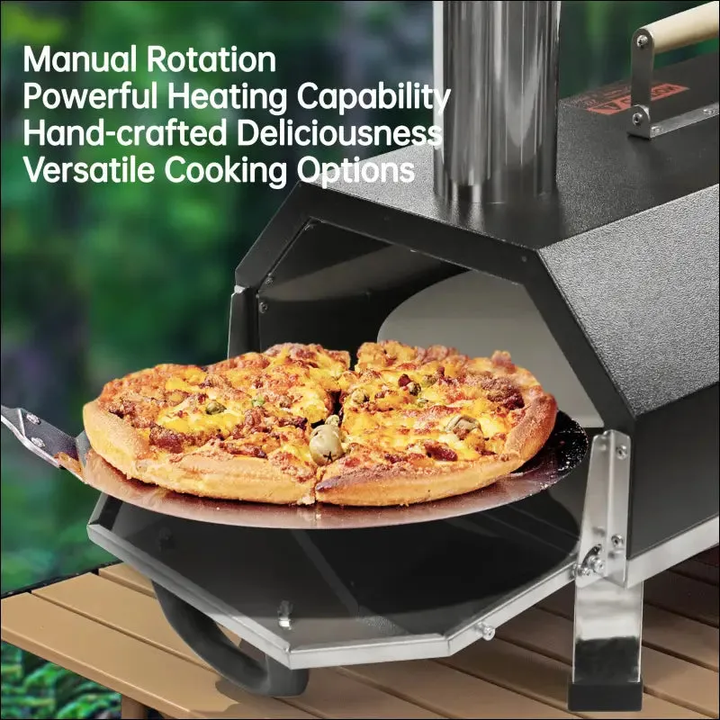 Outdoor pizza oven with manual rotating turntable and temperature gauge - black, stainless steel
