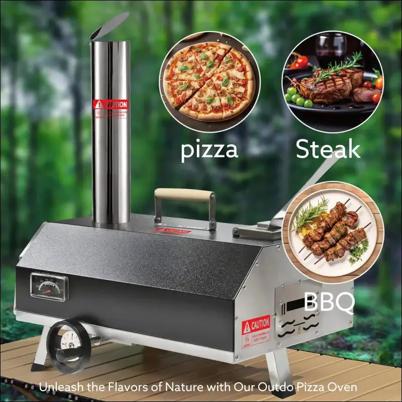 Outdoor pizza oven with manual rotating turntable and temperature gauge - black, stainless steel