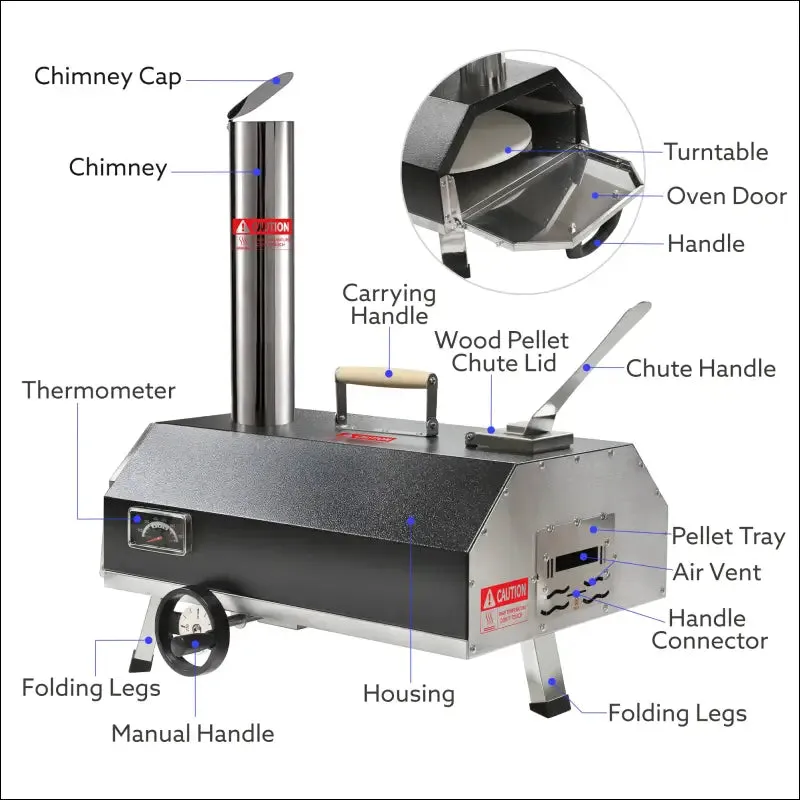 Outdoor pizza oven with manual rotating turntable and temperature gauge - black, stainless steel