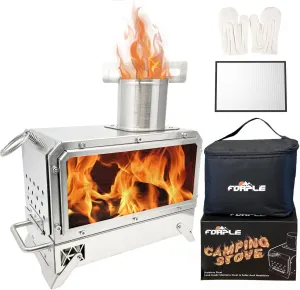 Outdoor Portable Wood Burning Stove，Mini Camp Oven, Camping Stove portable for Cooking, Stainless Steel Wood Burning Stove with Bag, Heat Insulation Pad, Gloves, Wood Stove for Hiking BBQ
