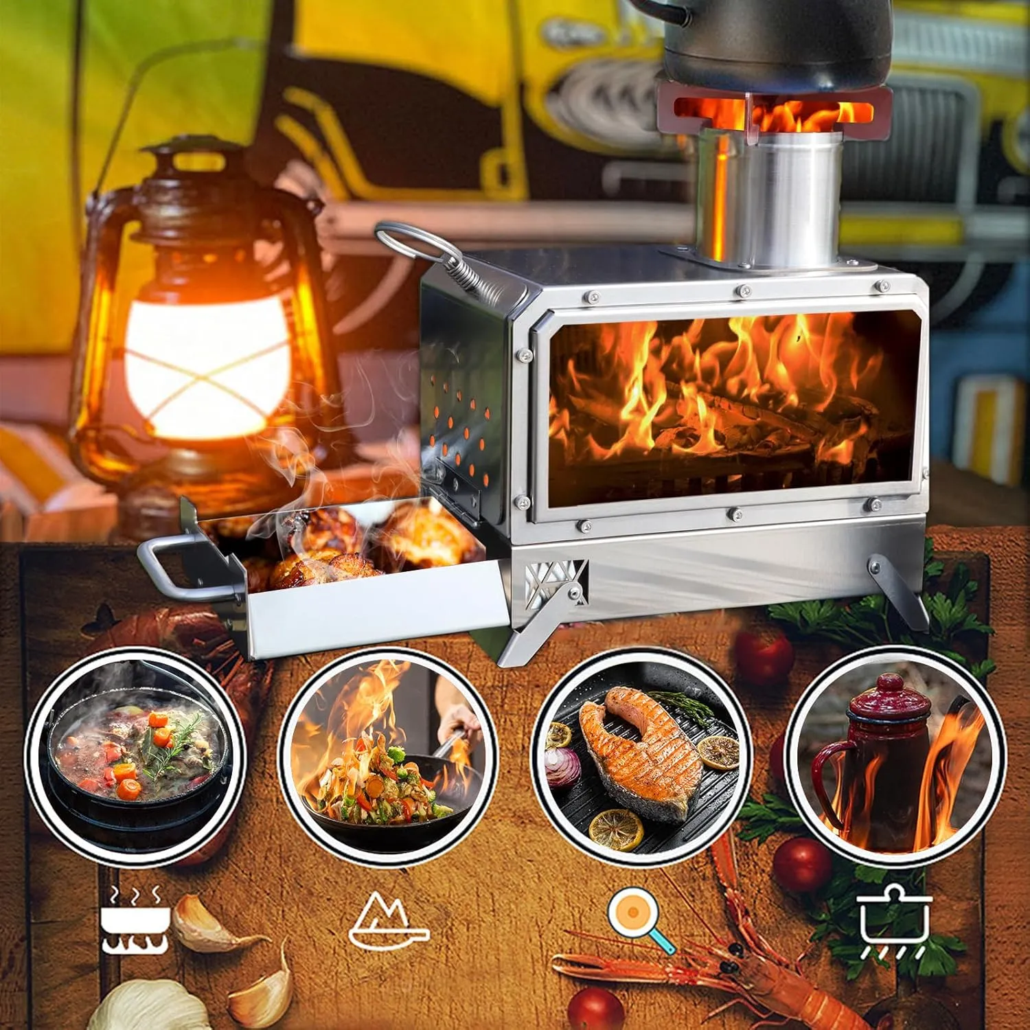 Outdoor Portable Wood Burning Stove，Mini Camp Oven, Camping Stove portable for Cooking, Stainless Steel Wood Burning Stove with Bag, Heat Insulation Pad, Gloves, Wood Stove for Hiking BBQ