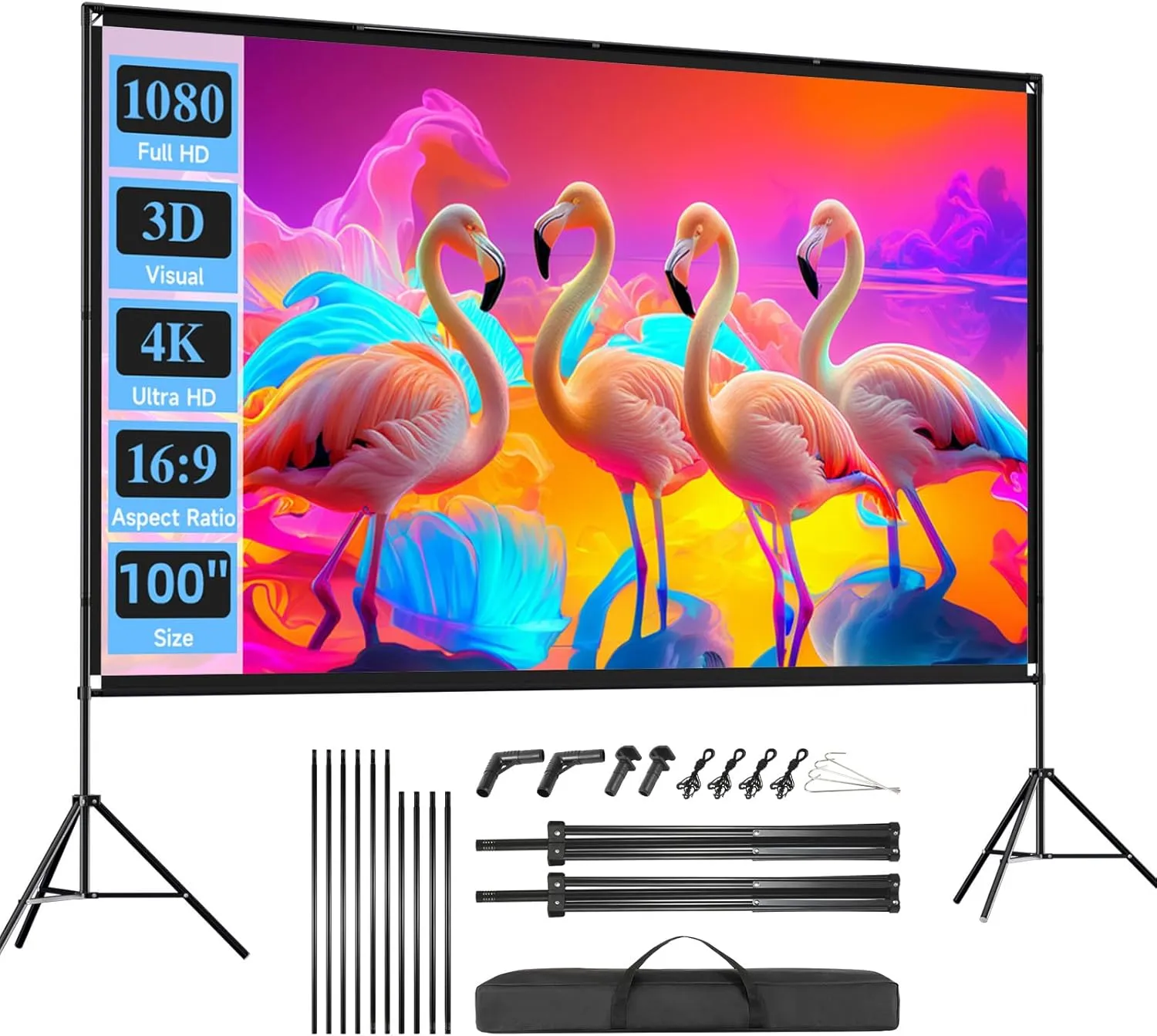 Outdoor Projector Screen with Stand, SCREENMAX 100 inch Foldable Projector Screens with Portable Carry Bag, 16:9 4k HD Rear Front Wrinkle-Free Projection Screen for Movie Night and Indoor Home Theater