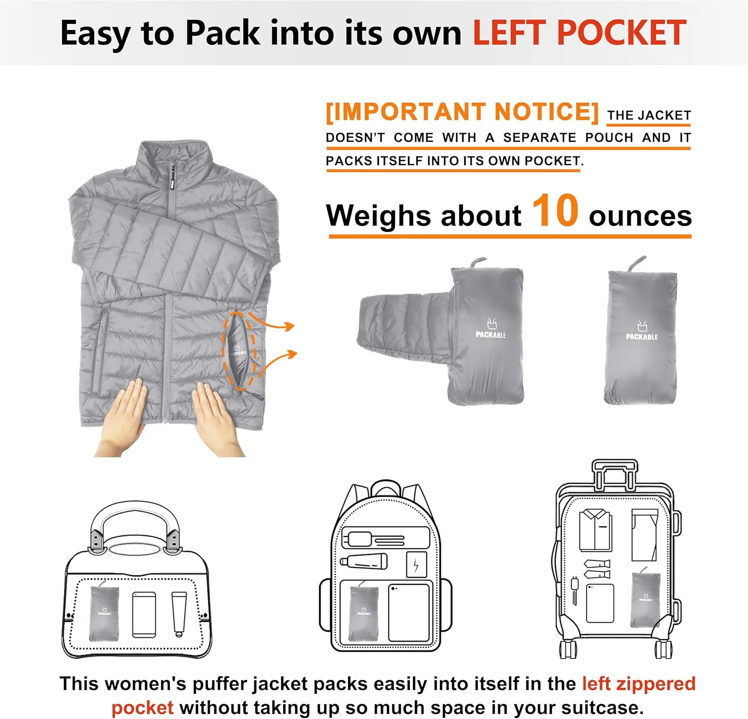 Outdoor Ventures Women's Packable Full-Zip Short Puffer Jacket Insulated Quilted Warm Lightweight Winter Coat