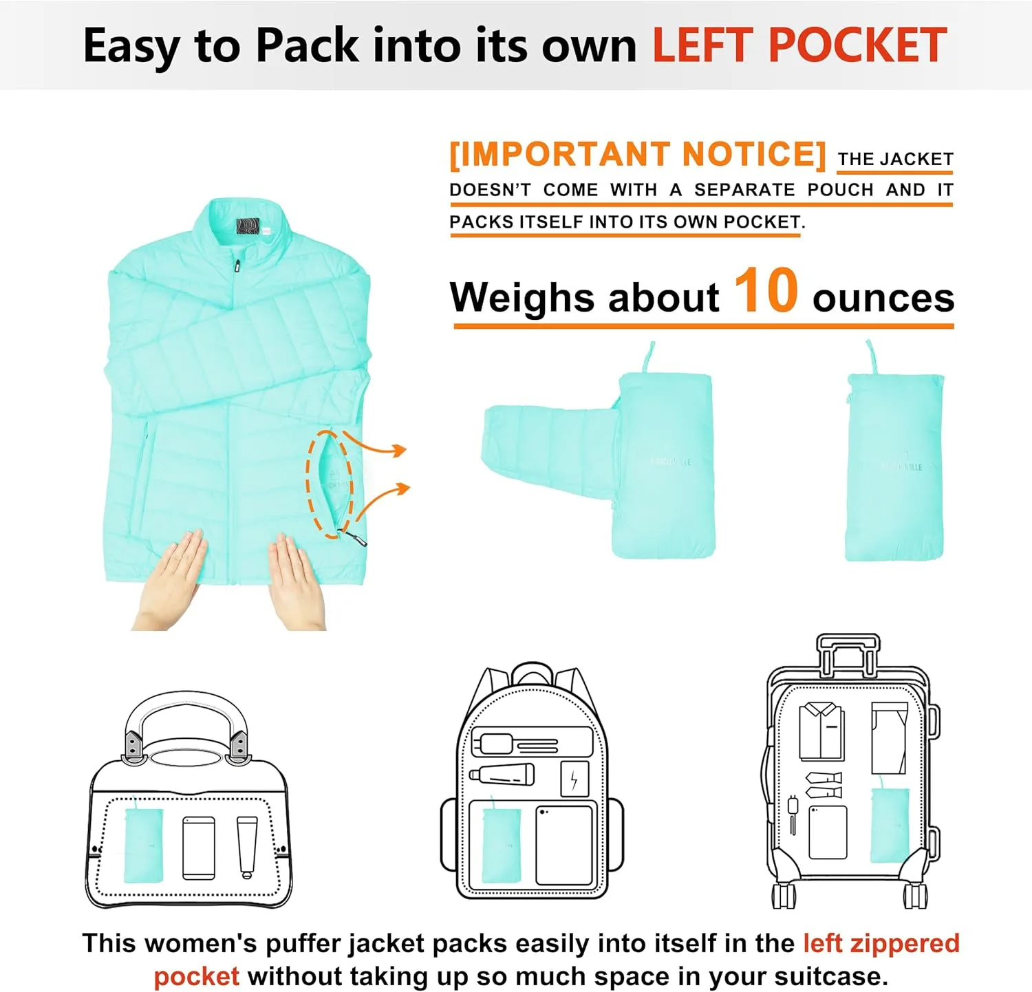 Outdoor Ventures Women's Packable Full-Zip Short Puffer Jacket Insulated Quilted Warm Lightweight Winter Coat