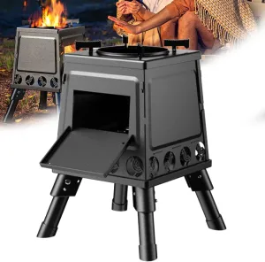 Outdoor Wood Stove, Portable Tent Stoves Burning, All Carbon Steel, Plate Thickness 1.2mm, Stove For Barbecue Boiling Waterss Cooking, With Foldable Feet Black