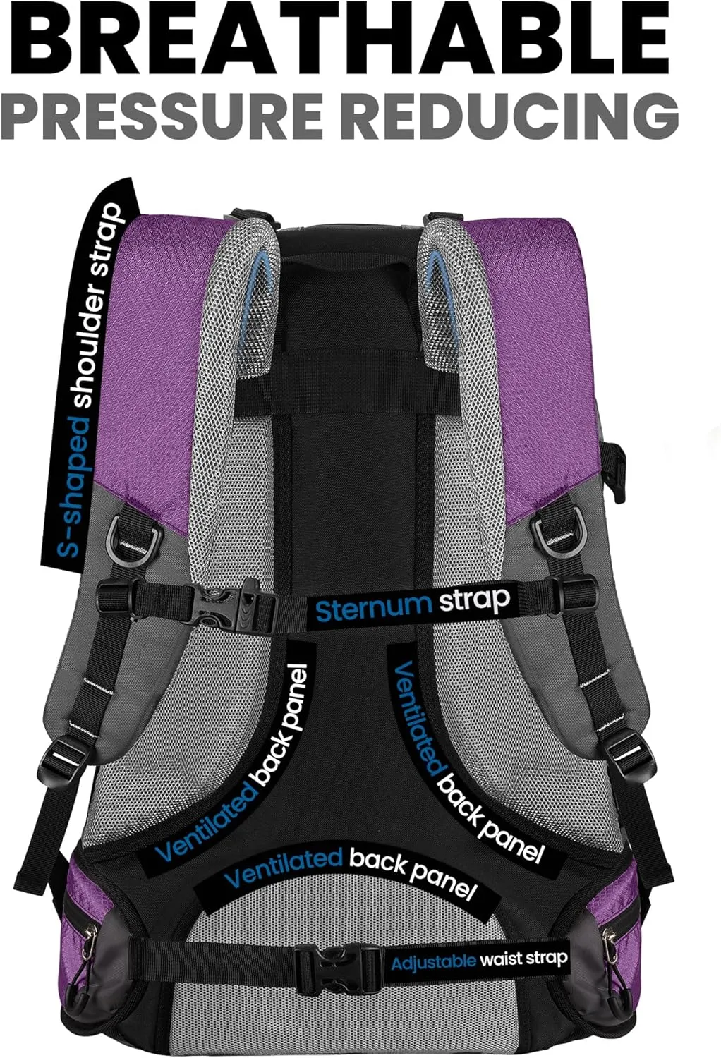 OutdoorMaster 50L Hiking Backpack with High Strength Aluminum Support, Lightweight Travel Daypack with Rain Cover, Waterproof Camping Bag for Men Women -Purple