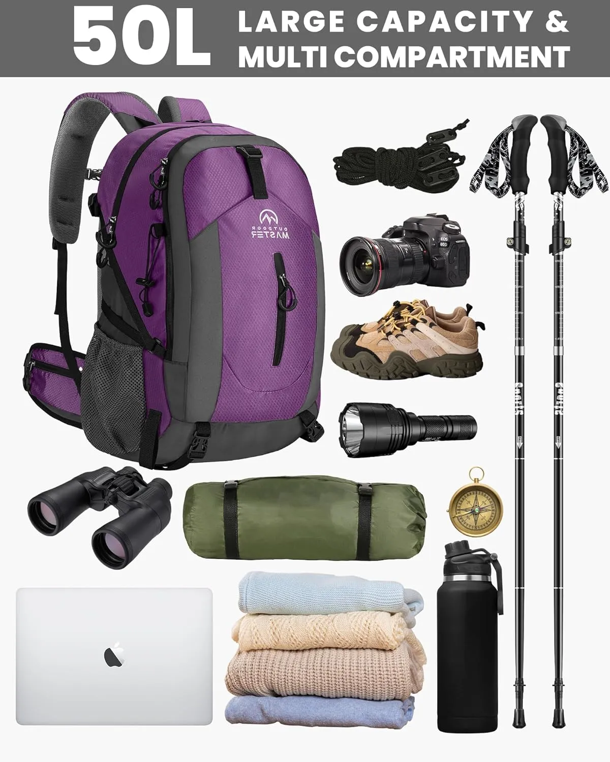 OutdoorMaster 50L Hiking Backpack with High Strength Aluminum Support, Lightweight Travel Daypack with Rain Cover, Waterproof Camping Bag for Men Women -Purple