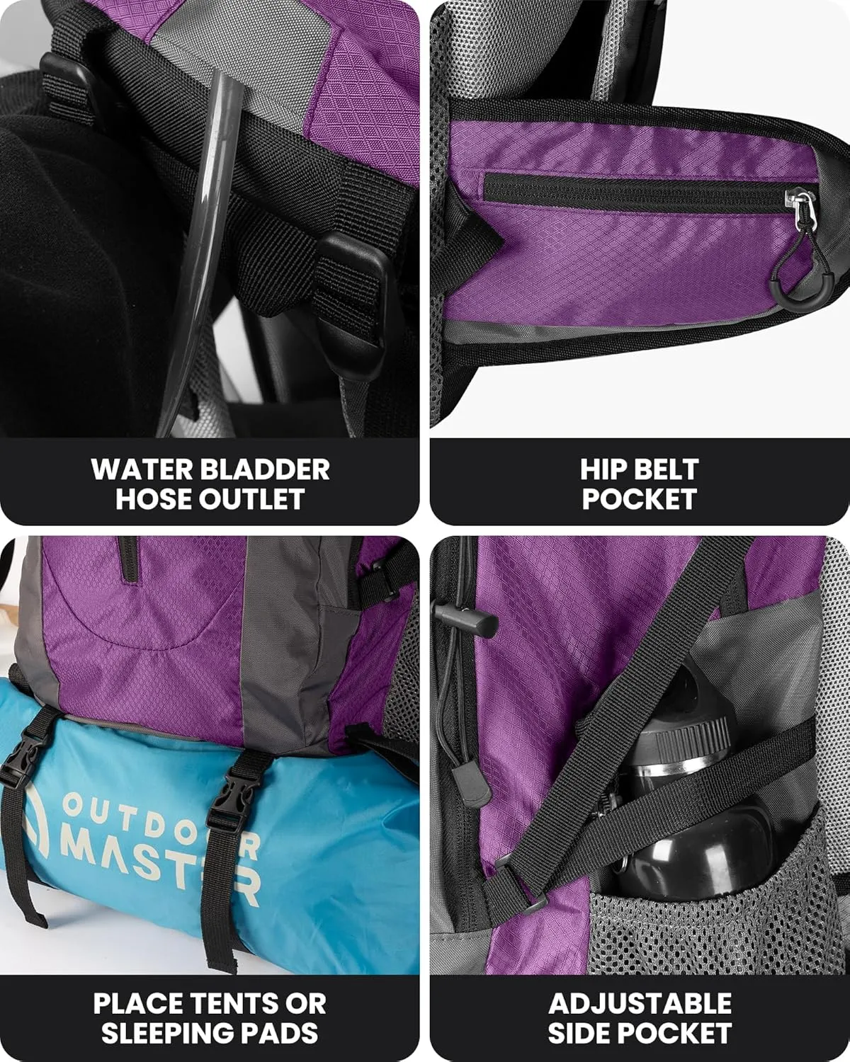 OutdoorMaster 50L Hiking Backpack with High Strength Aluminum Support, Lightweight Travel Daypack with Rain Cover, Waterproof Camping Bag for Men Women -Purple