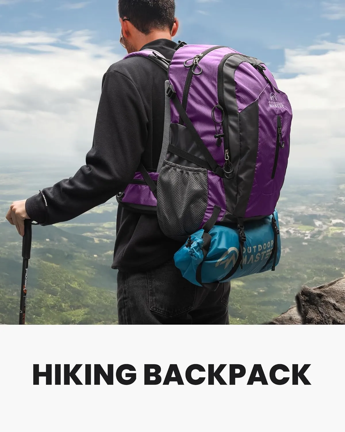 OutdoorMaster 50L Hiking Backpack with High Strength Aluminum Support, Lightweight Travel Daypack with Rain Cover, Waterproof Camping Bag for Men Women -Purple