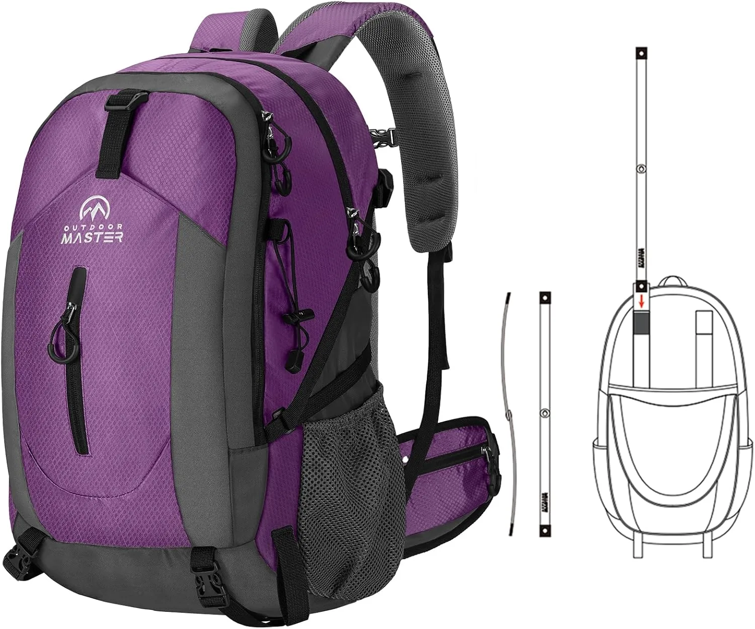 OutdoorMaster 50L Hiking Backpack with High Strength Aluminum Support, Lightweight Travel Daypack with Rain Cover, Waterproof Camping Bag for Men Women -Purple
