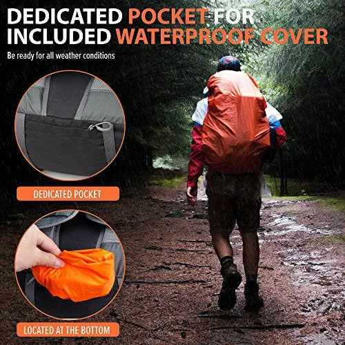 Outdoormaster Hiking Backpack 50L Weekend Pack W Waterproof Rain Cover & Laptop Compartt For Camping Travel Hiking Orangegrey