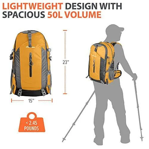 Outdoormaster Hiking Backpack 50L Weekend Pack W Waterproof Rain Cover & Laptop Compartt For Camping Travel Hiking Orangegrey