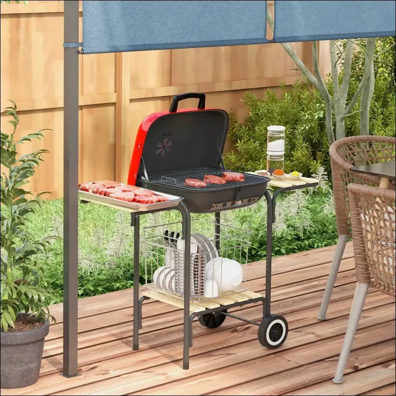 Outsunny 17" portable charcoal grill with wheels, 2 side tables and bottom shelf, bbq
