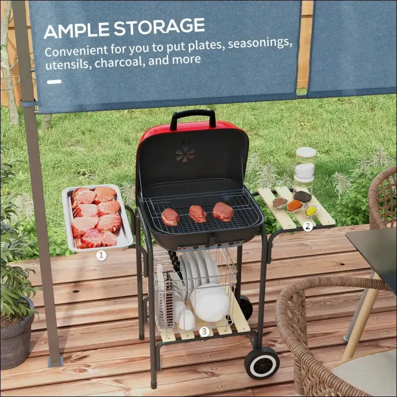 Outsunny 17" portable charcoal grill with wheels, 2 side tables and bottom shelf, bbq