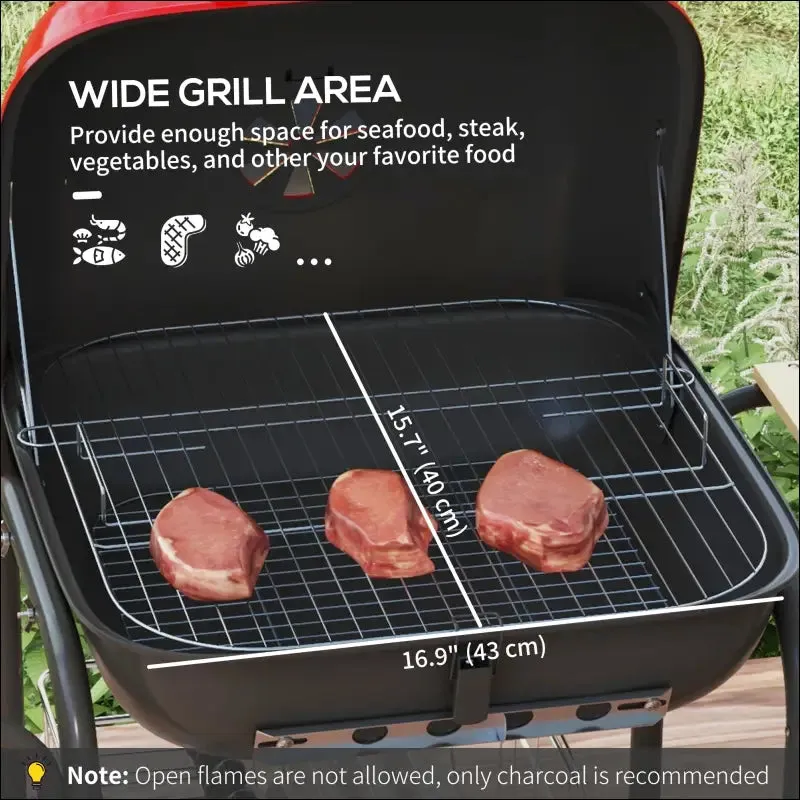 Outsunny 17" portable charcoal grill with wheels, 2 side tables and bottom shelf, bbq