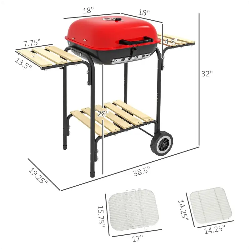 Outsunny 17" portable charcoal grill with wheels, 2 side tables and bottom shelf, bbq