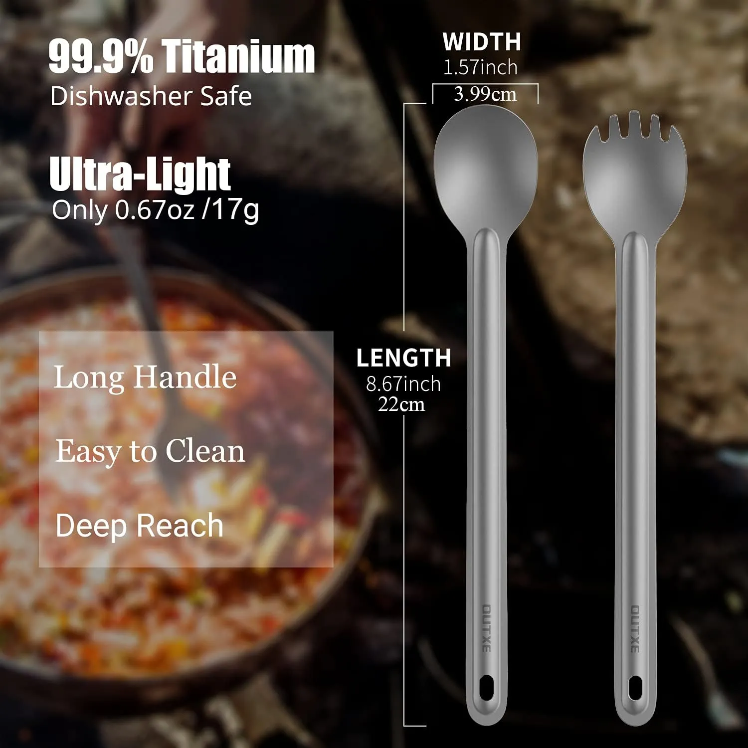 OUTXE Titanium Long Handle Spork and Spoon, 8.7-Inch Camping Set