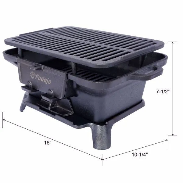 Oval Cast Iron Grill, Portable Charcoal Grill and Tabletop Cast Iron Skillet