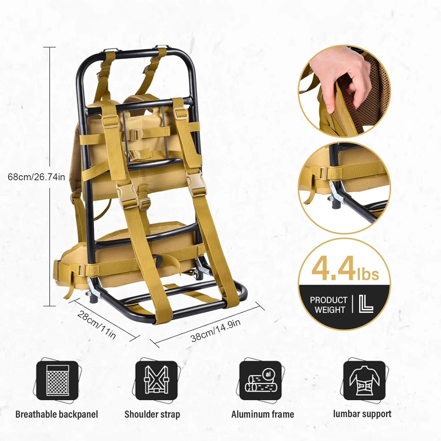 Pack Frames For Hunting, External Frame Backpack Load 132.3lb, External Frame Backpack With Adjustable Height For Extra Large Load Hunting Hiking Design