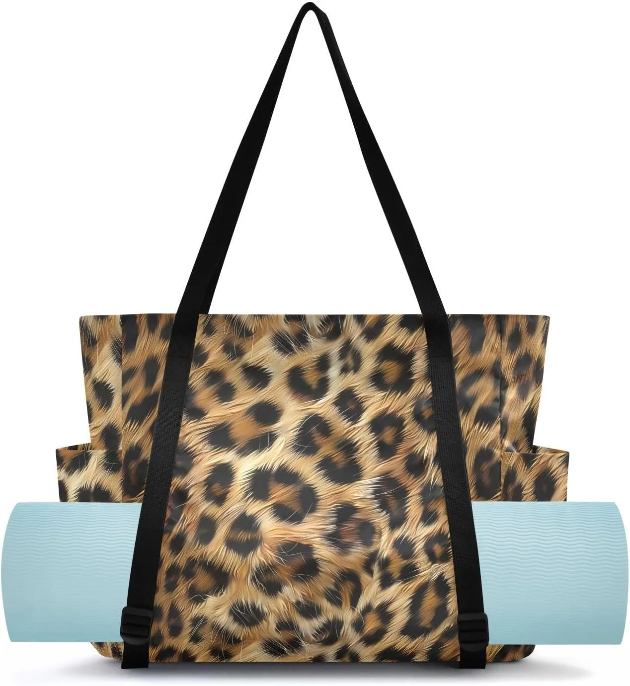 Pale Yellow Leopard Yoga Bag for Mat Carrier with Large Pockets Women Men Adjustable Gym Tote Fits Most Size Yoga Mats Bag for Pilates Workout Exercise Office Travel