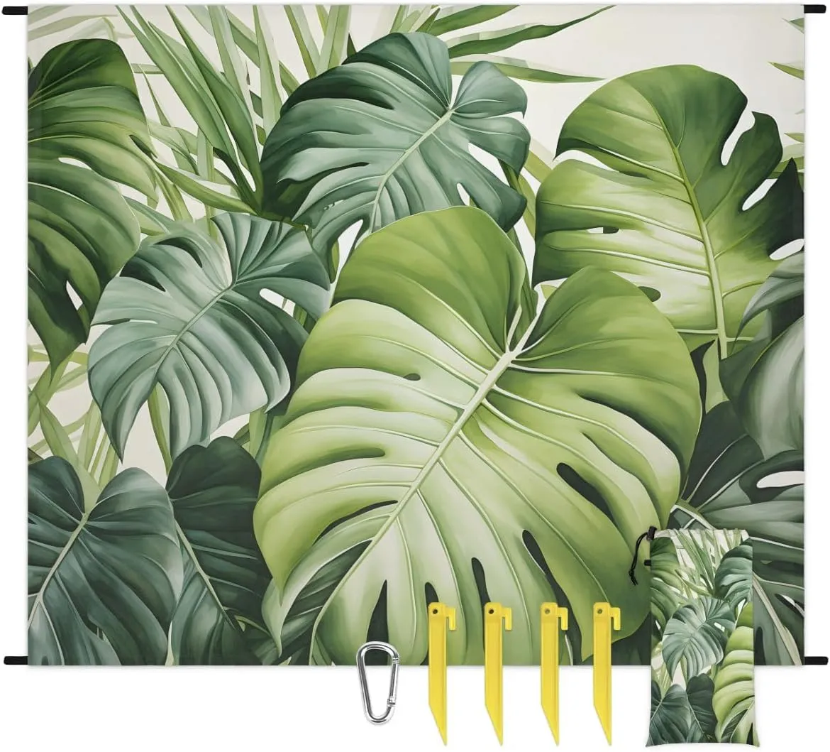 Palm Leaves Beach Blanket, Sandproof Beach Mat, 68 x 59 Waterproof Quick Drying Sand Free Mat with 4 x Ground Spikes for Outdoor Travel Camping Hiking, Leaves