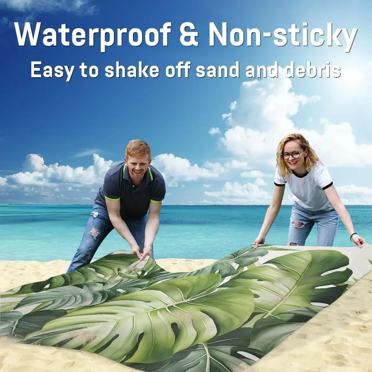 Palm Leaves Beach Blanket, Sandproof Beach Mat, 68 x 59 Waterproof Quick Drying Sand Free Mat with 4 x Ground Spikes for Outdoor Travel Camping Hiking, Leaves