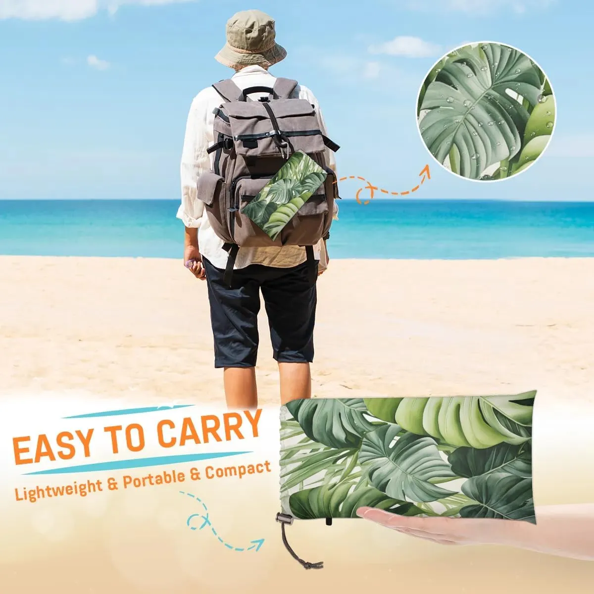 Palm Leaves Beach Blanket, Sandproof Beach Mat, 68 x 59 Waterproof Quick Drying Sand Free Mat with 4 x Ground Spikes for Outdoor Travel Camping Hiking, Leaves