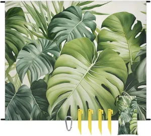 Palm Leaves Beach Blanket, Sandproof Beach Mat, 68 x 59 Waterproof Quick Drying Sand Free Mat with 4 x Ground Spikes for Outdoor Travel Camping Hiking, Leaves