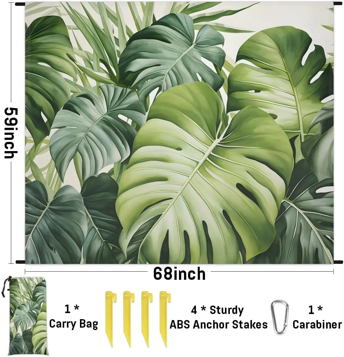 Palm Leaves Beach Blanket, Sandproof Beach Mat, 68 x 59 Waterproof Quick Drying Sand Free Mat with 4 x Ground Spikes for Outdoor Travel Camping Hiking, Leaves