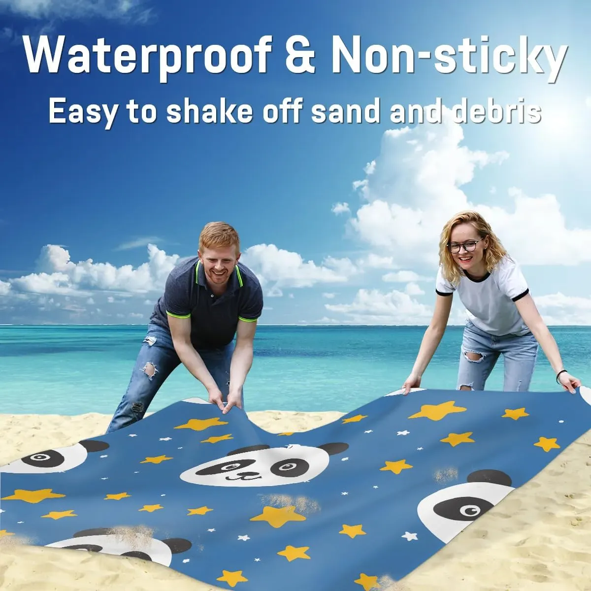Panda Beach Blanket, Sandproof Beach Mat, 68 x 59 Waterproof Quick Drying Sand Free Mat with 4 x Ground Spikes for Outdoor Travel Camping Hiking, Cute Panda