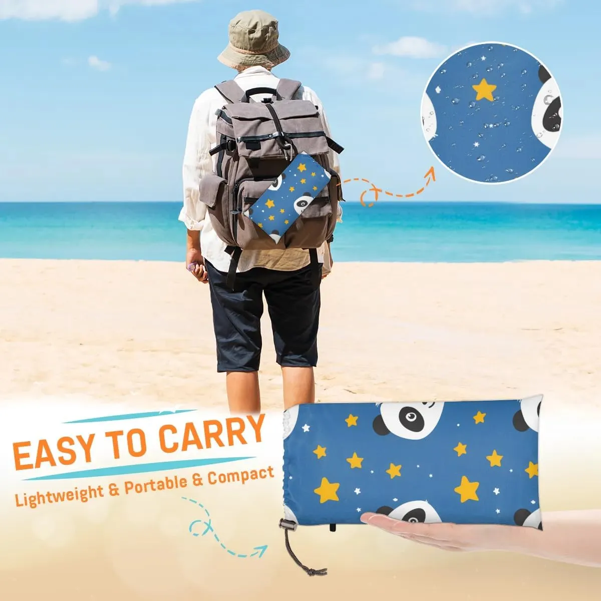 Panda Beach Blanket, Sandproof Beach Mat, 68 x 59 Waterproof Quick Drying Sand Free Mat with 4 x Ground Spikes for Outdoor Travel Camping Hiking, Cute Panda