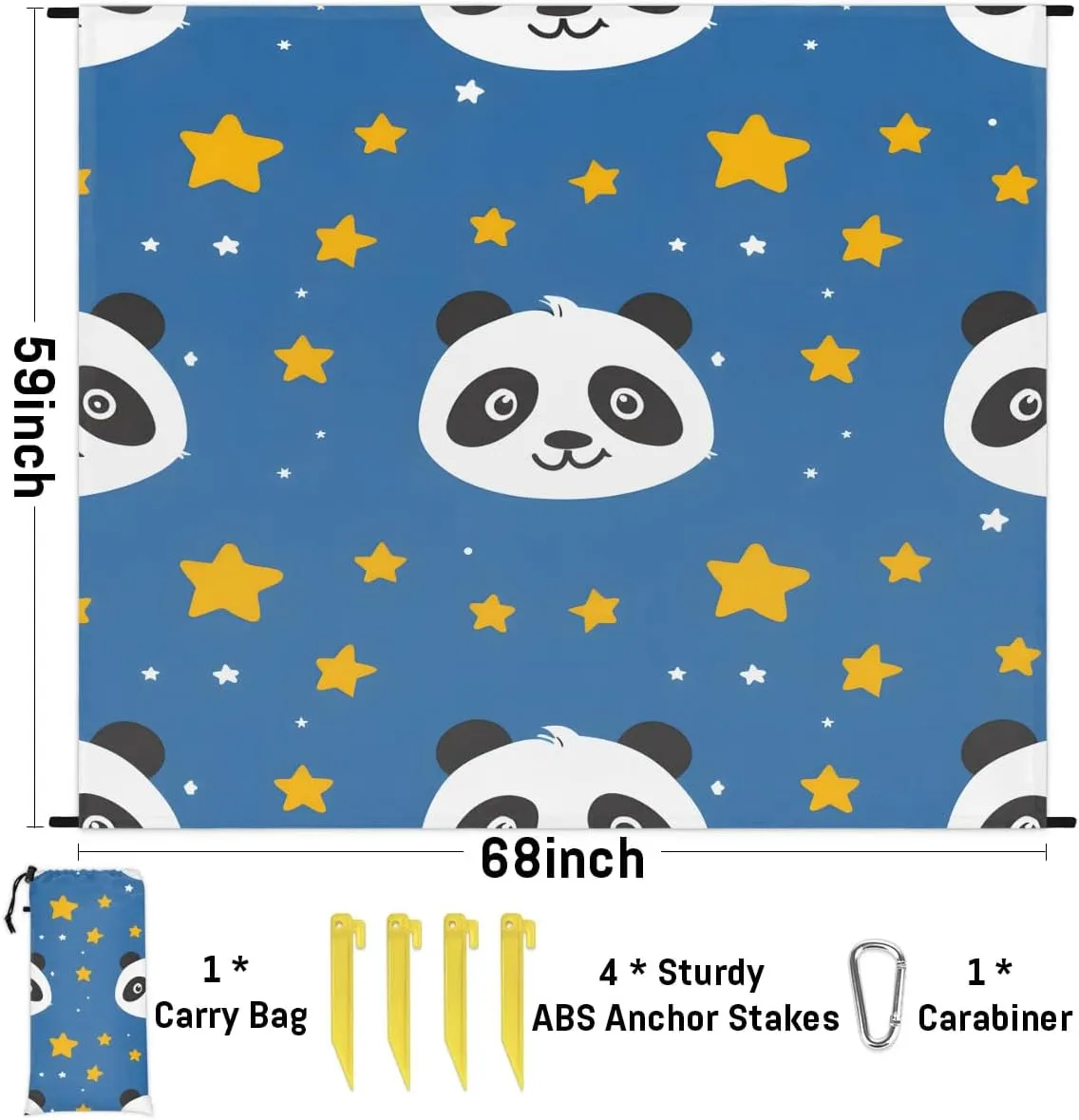 Panda Beach Blanket, Sandproof Beach Mat, 68 x 59 Waterproof Quick Drying Sand Free Mat with 4 x Ground Spikes for Outdoor Travel Camping Hiking, Cute Panda