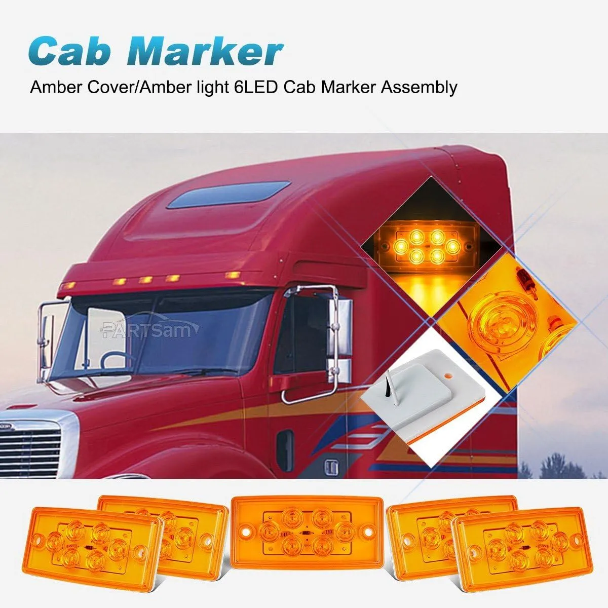 Partsam Truck Cab Light 6LED Amber Top Roof Running Cab Marker Light 5pcs Waterproof Compatible with Freightliner Heavy Duty Trailer Trucks