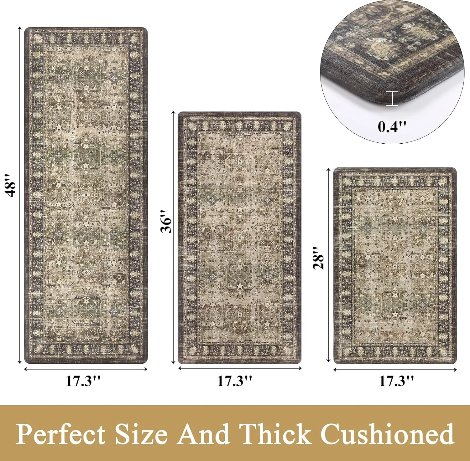 Pauwer Anti Fatigue Kitchen Mat Set of 3 Non Slip Kitchen Mats for Floor Cushioned Kitchen Rugs Comfort Standing Mat Farmhouse Waterproof PVC Foam Kitchen Floor Mat Runner, Multi Brown