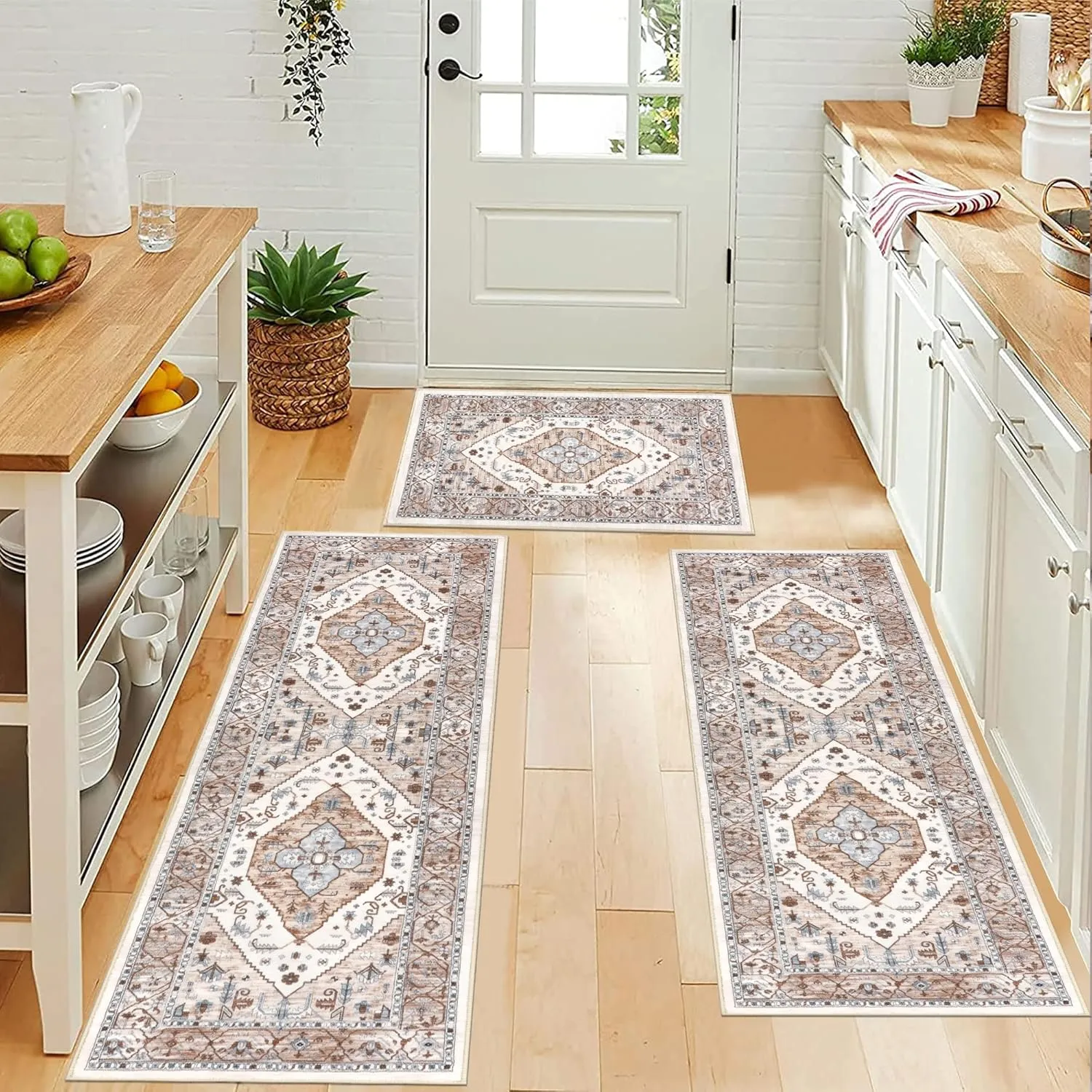 Pauwer Kitchen Rugs Sets of 3 Non Slip Washable Kitchen Mats for Floor Farmhouse Kitchen Floor Mat Runner Rug Boho Kitchen Sink Rug Carpet for Kitchen Hallway Laundry Room, Beige
