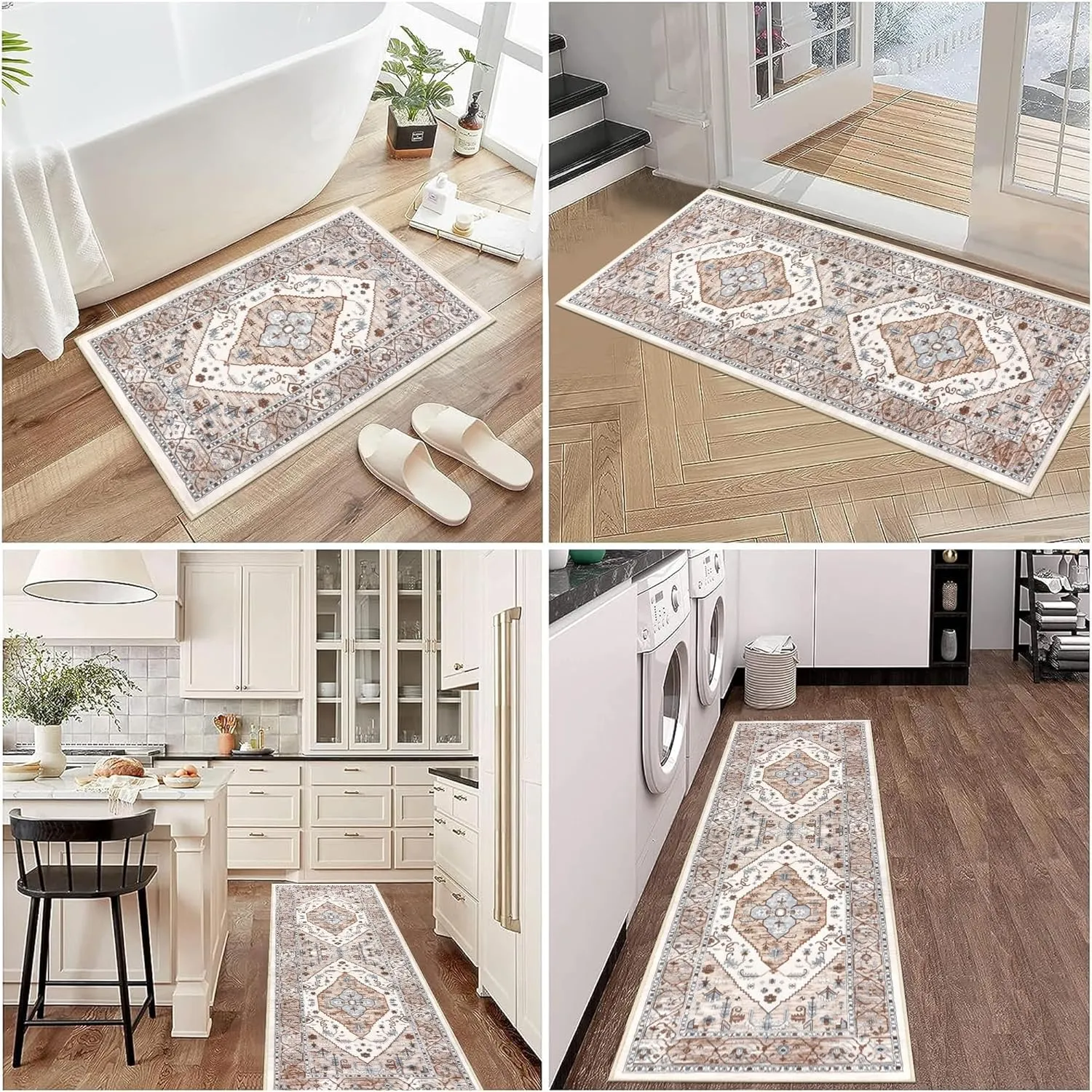 Pauwer Kitchen Rugs Sets of 3 Non Slip Washable Kitchen Mats for Floor Farmhouse Kitchen Floor Mat Runner Rug Boho Kitchen Sink Rug Carpet for Kitchen Hallway Laundry Room, Beige