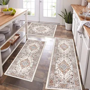 Pauwer Kitchen Rugs Sets of 3 Non Slip Washable Kitchen Mats for Floor Farmhouse Kitchen Floor Mat Runner Rug Boho Kitchen Sink Rug Carpet for Kitchen Hallway Laundry Room, Beige