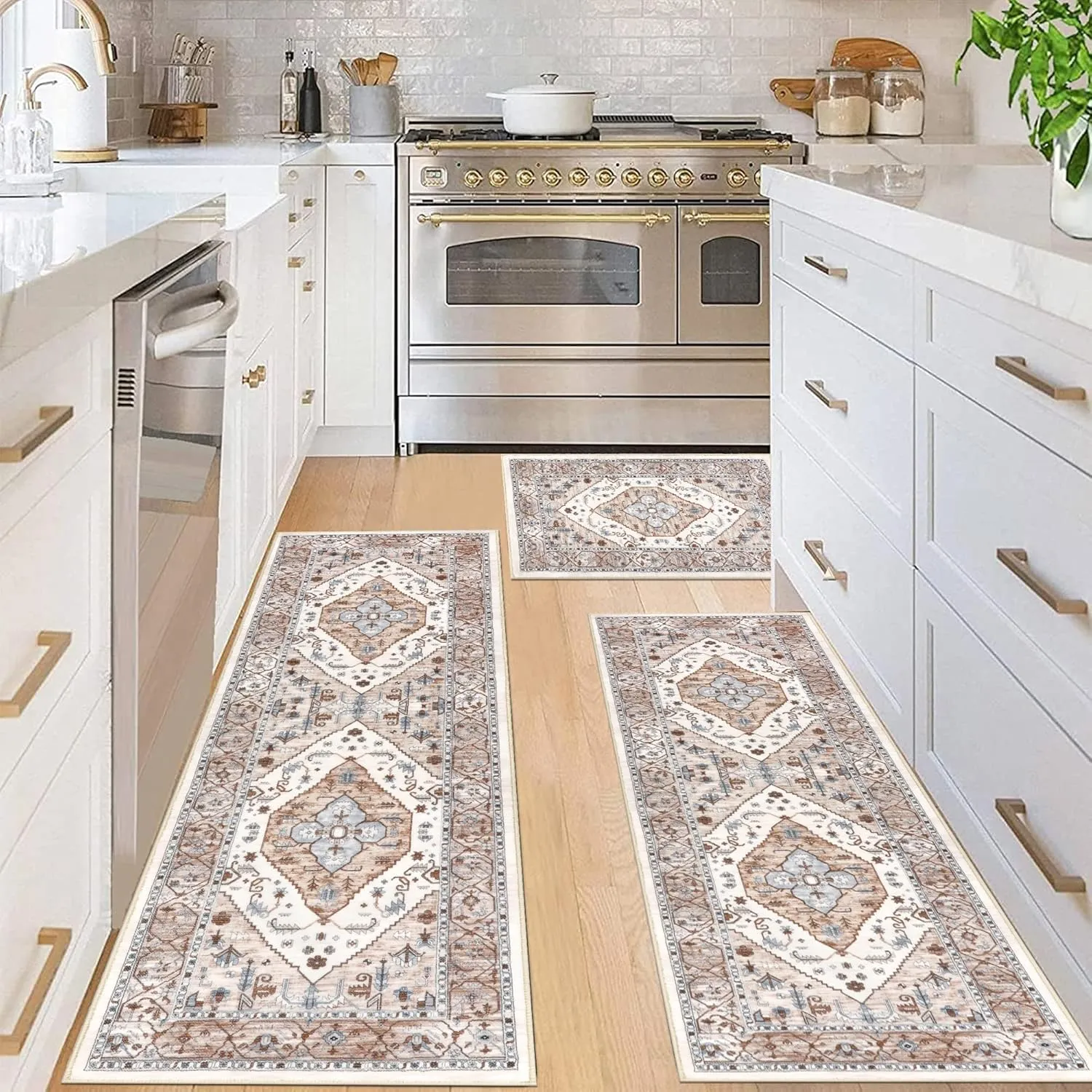 Pauwer Kitchen Rugs Sets of 3 Non Slip Washable Kitchen Mats for Floor Farmhouse Kitchen Floor Mat Runner Rug Boho Kitchen Sink Rug Carpet for Kitchen Hallway Laundry Room, Beige