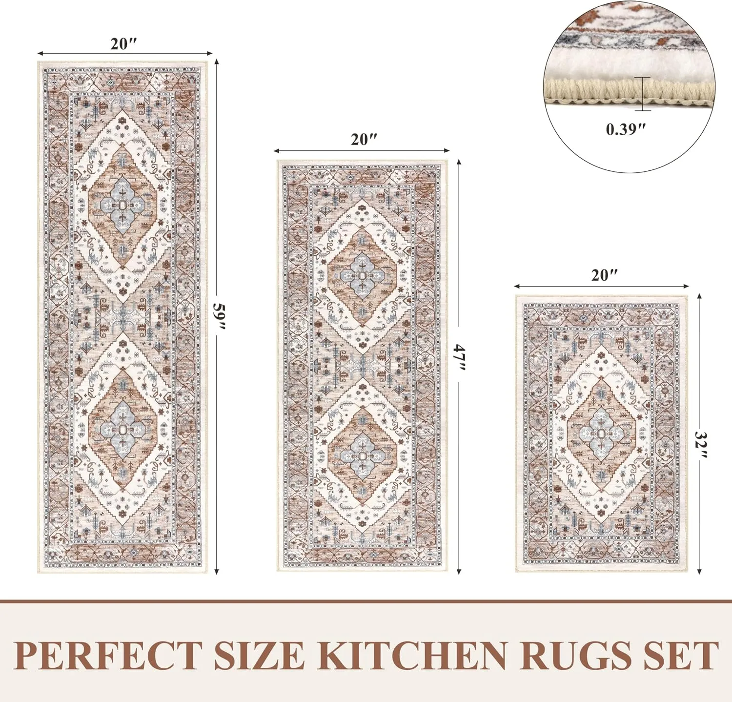 Pauwer Kitchen Rugs Sets of 3 Non Slip Washable Kitchen Mats for Floor Farmhouse Kitchen Floor Mat Runner Rug Boho Kitchen Sink Rug Carpet for Kitchen Hallway Laundry Room, Beige