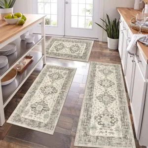 Pauwer Kitchen Rugs Sets of 3 Non Slip Washable Kitchen Mats for Floor Farmhouse Kitchen Floor Mat Runner Rug Boho Kitchen Sink Rug Carpet for Kitchen Hallway Laundry Room, Brown