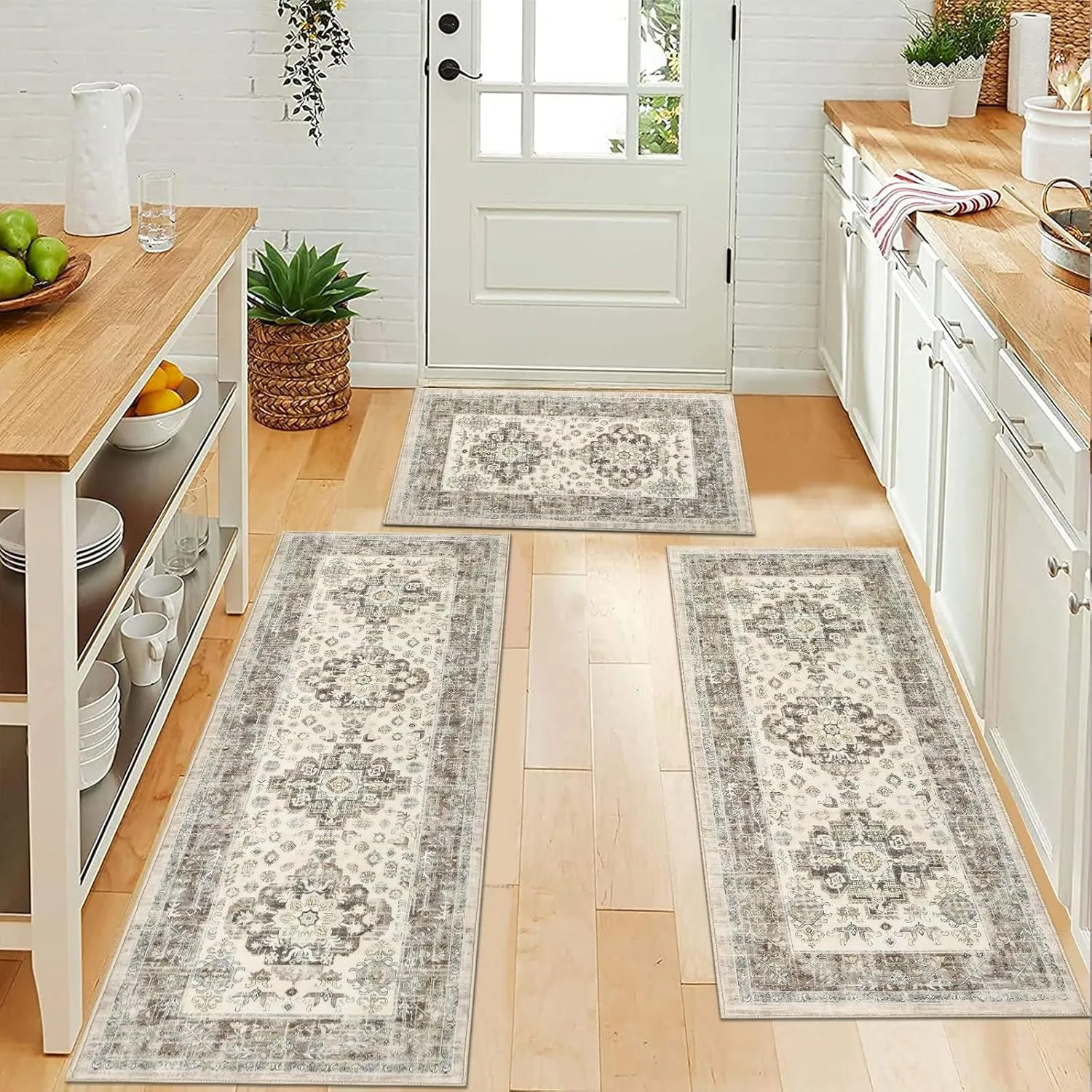 Pauwer Kitchen Rugs Sets of 3 Non Slip Washable Kitchen Mats for Floor Farmhouse Kitchen Floor Mat Runner Rug Boho Kitchen Sink Rug Carpet for Kitchen Hallway Laundry Room, Brown