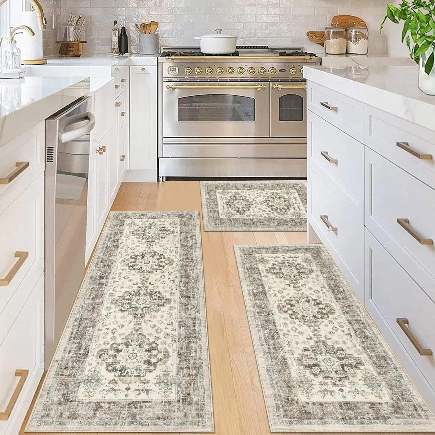Pauwer Kitchen Rugs Sets of 3 Non Slip Washable Kitchen Mats for Floor Farmhouse Kitchen Floor Mat Runner Rug Boho Kitchen Sink Rug Carpet for Kitchen Hallway Laundry Room, Brown