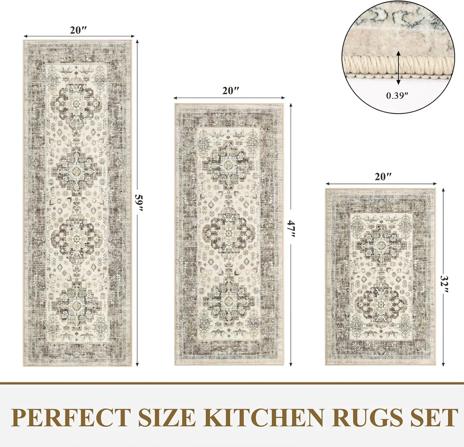 Pauwer Kitchen Rugs Sets of 3 Non Slip Washable Kitchen Mats for Floor Farmhouse Kitchen Floor Mat Runner Rug Boho Kitchen Sink Rug Carpet for Kitchen Hallway Laundry Room, Brown